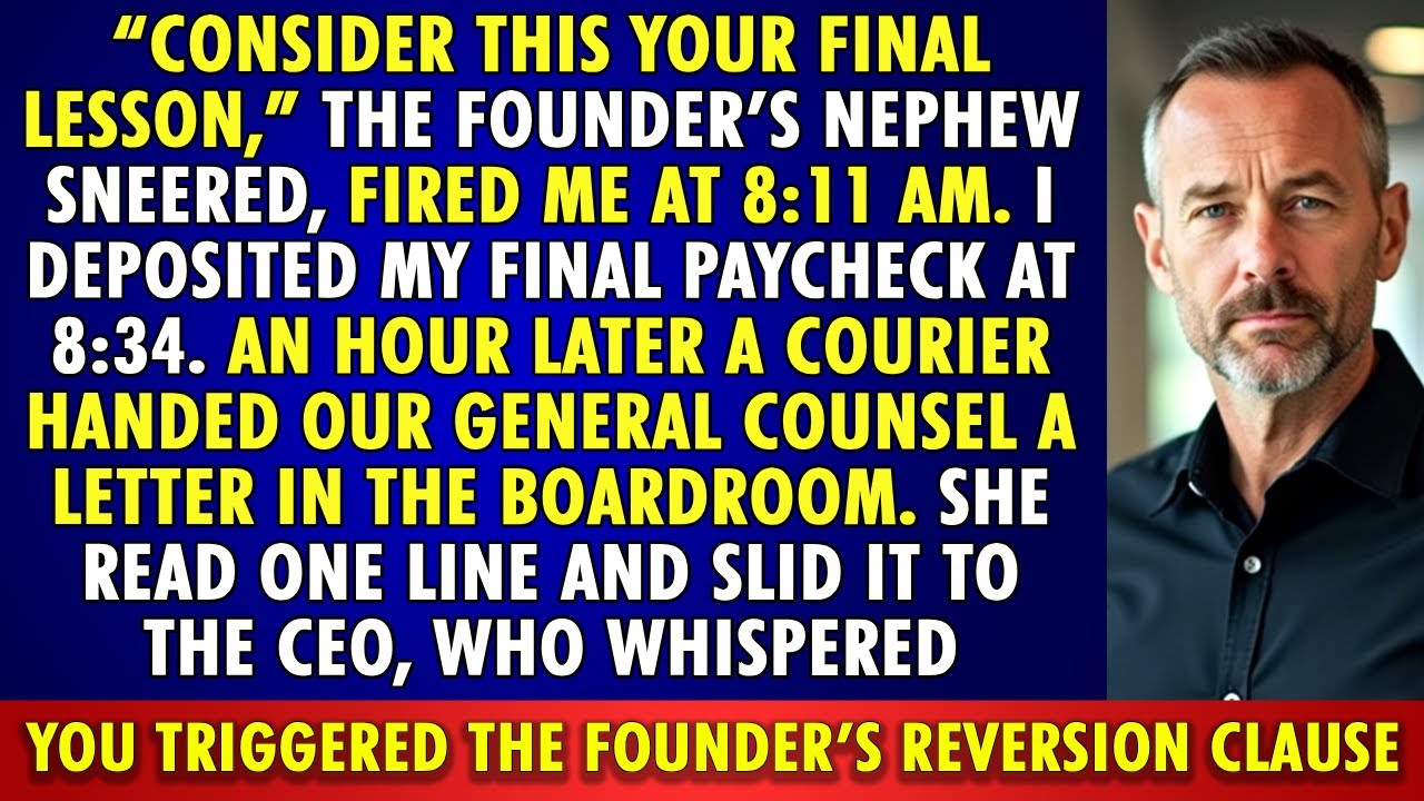 FIRED at 8:11, GENERAL COUNSEL reads; CEO whispers: you TRIGGERED the FOUNDER’S REVERSION CLAUSE.