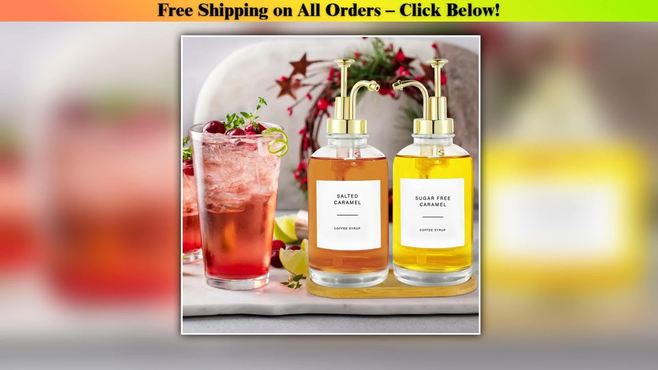 2Pcs Coffee Syrup Dispenser Set with Bamboo Tray Reusable Glass Syrup Bottle with Labels Funnel