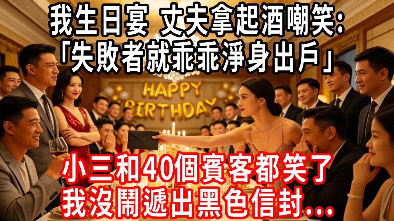 我生日宴，丈夫拿起酒嘲笑:｢失敗者就乖乖淨身出戶｣小三和40個賓客都笑了，我沒鬧遞出黑色信封，在甜點上來前就結束了他的帝國....#情感故事 #人生感悟 #生活经验