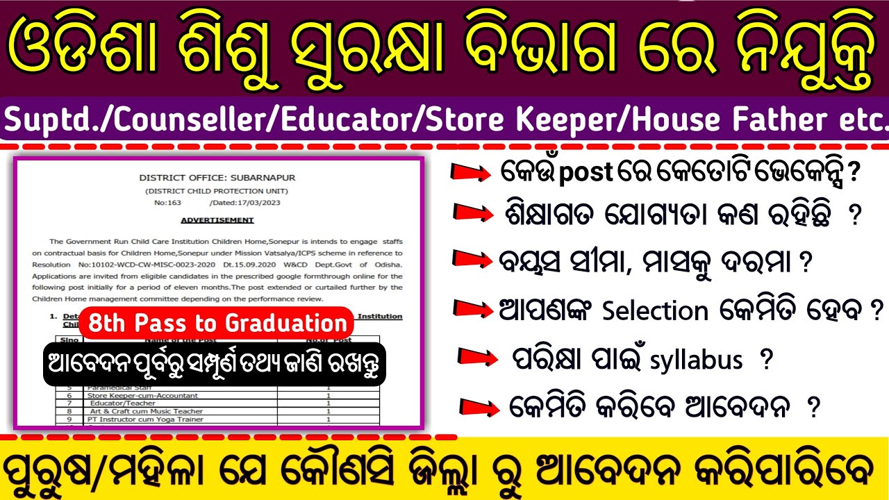 ଜିଲ୍ଲା ଶିଶୁ ସୁରକ୍ଷା ବିଭାଗରେ ନିଯୁକ୍ତି/Child Protection Unit Vacancy/Eligibility Criteria Full Details