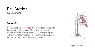 Moment Ex 05: Find the moment that the force exerts along the axis OA (z axis) of the pipe assembly.