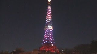 東京タワーが五輪色に ２０年開催祝い点灯