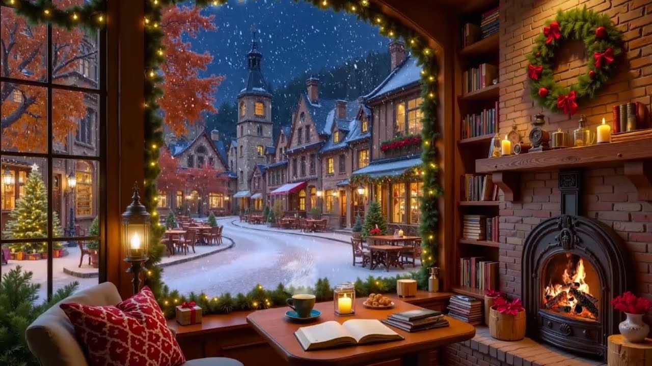 Cozy Winter Coffee Shop ⛄ Soothing Jazz Music & Warm Fireplace Sounds