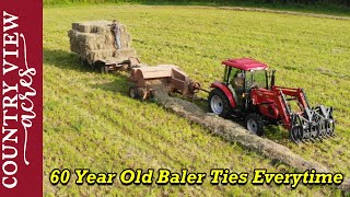 60 Year Old Baler Ties Everytime.   Finishing our 2nd Cutting of Hay.