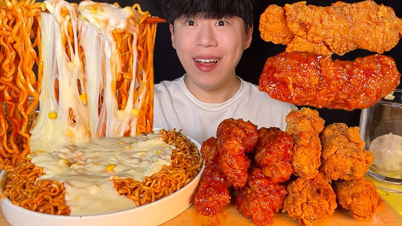 SUB) Кукурузный сыр булдак рамен и курица KFC мукбанг asmr