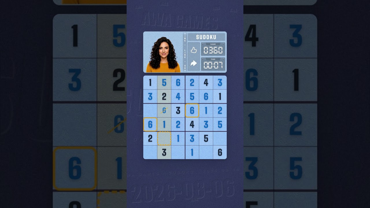 LinkedIn Mini Sudoku #360 solved board for August 6, 2026, 6x6 grid