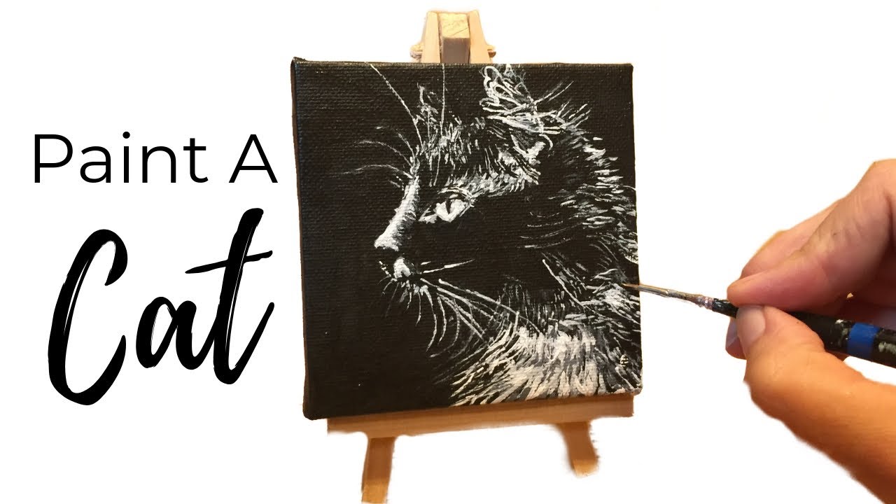 Cat Painting Tutorial in Black and White on Mini Canvas ...