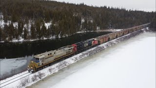 Awesome Aerial 4K View! Heavy Potash Train CN 730 w/DPUs passing Small Lake at Brookville, NB