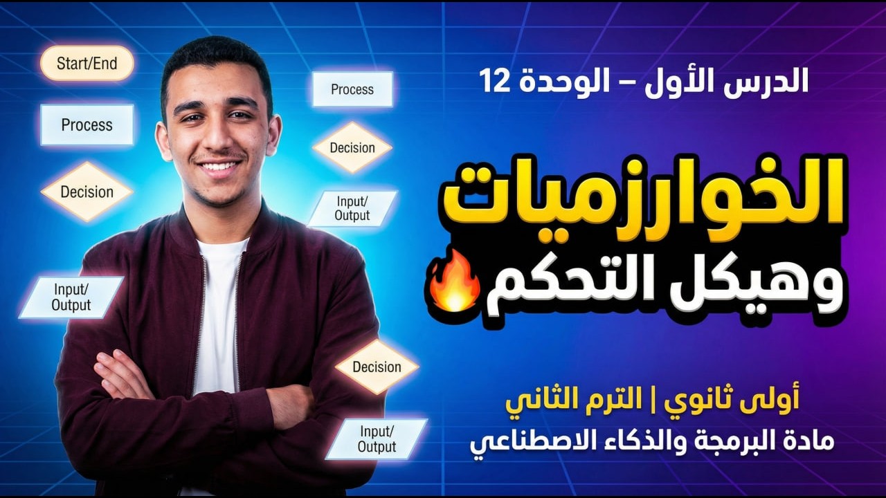 الدرس الأول – الوحدة الثانية عشر | الخوارزميات وهيكل التحكم 📘 | برمجة أولى ثانوي الترم الثاني 2026 ⚡