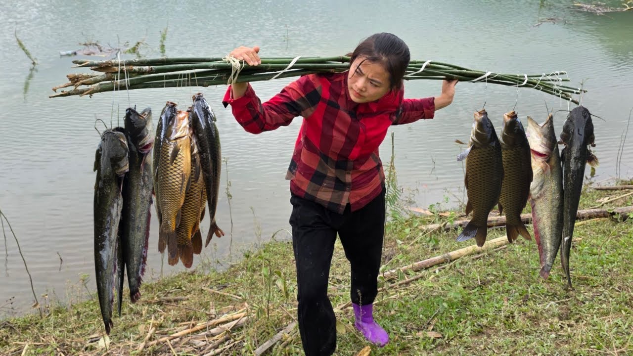 Traditional fishing, Diep uses small bamboo trees to fish carp and catfish in a large lake.