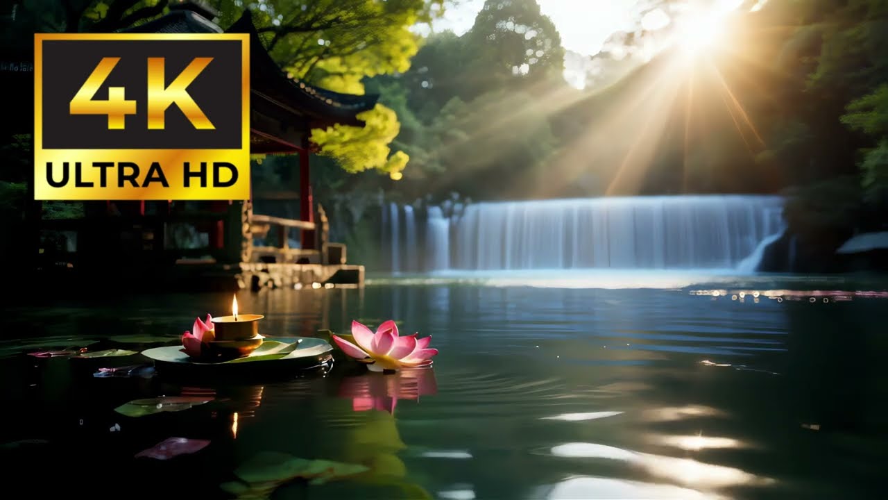 Zen Garden Waterfall Ambience (4K) | Lotus Lake Sunrise + Ambient Music | 3 Hours