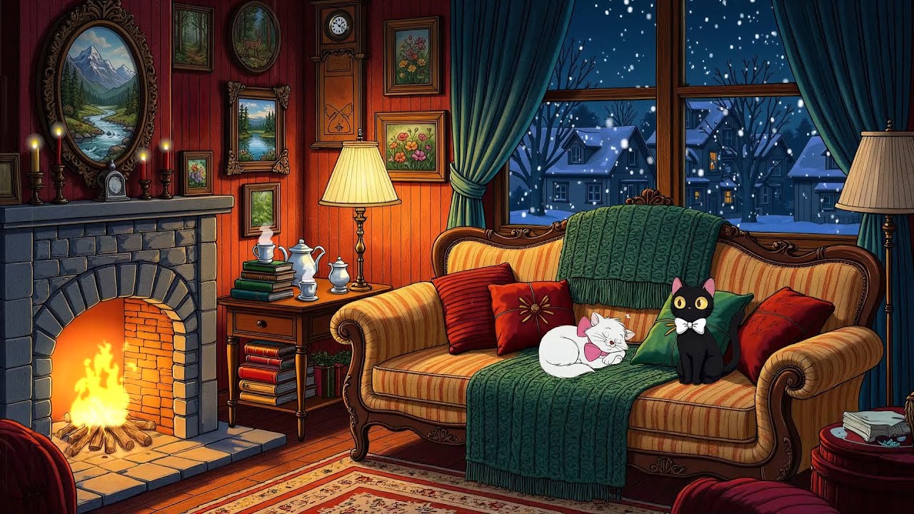 1940s cozy winter night by the fireplace with vintage oldies playing in another room