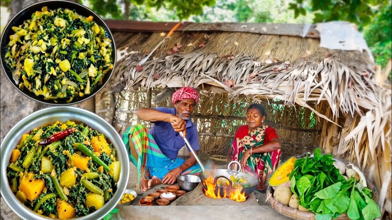 Traditional Santali Lunch: Pui Shak Curry and Muli Shak Vaji Prepared by an Elderly Couple