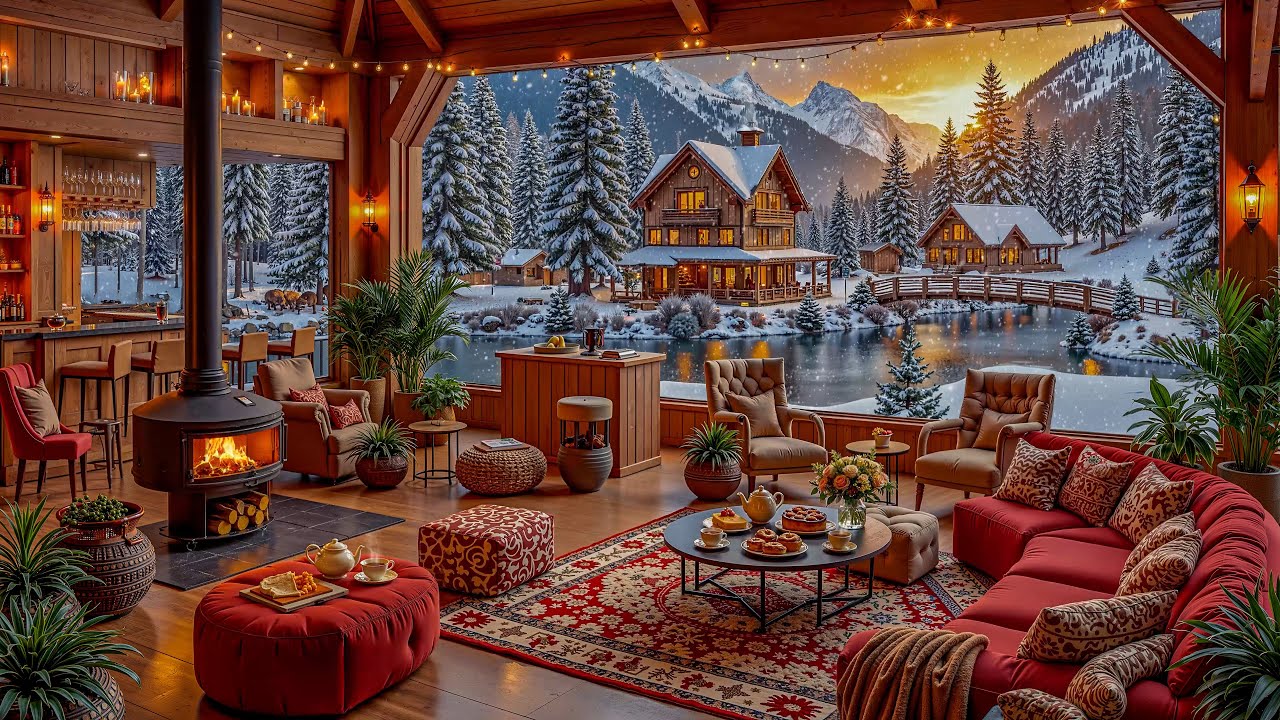 Зимнее спокойствие на берегу озера | Уютная кофейня с расслабляющей джазовой музыкой и камином