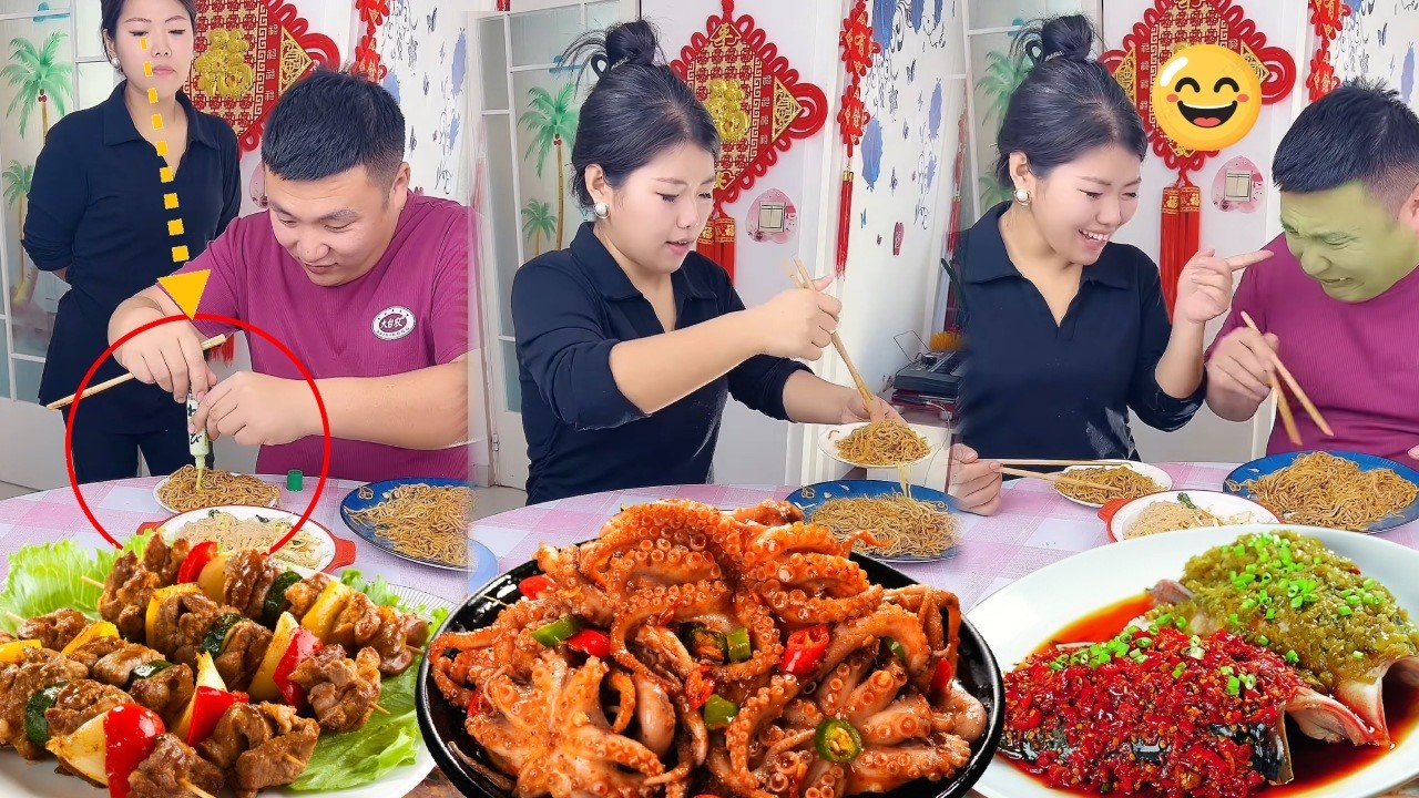 蠢老公三天不打上房揭瓦敢在我的面条里加芥末，被我机智化解换到他的盘子里去，结果老公被辣到脸都绿了