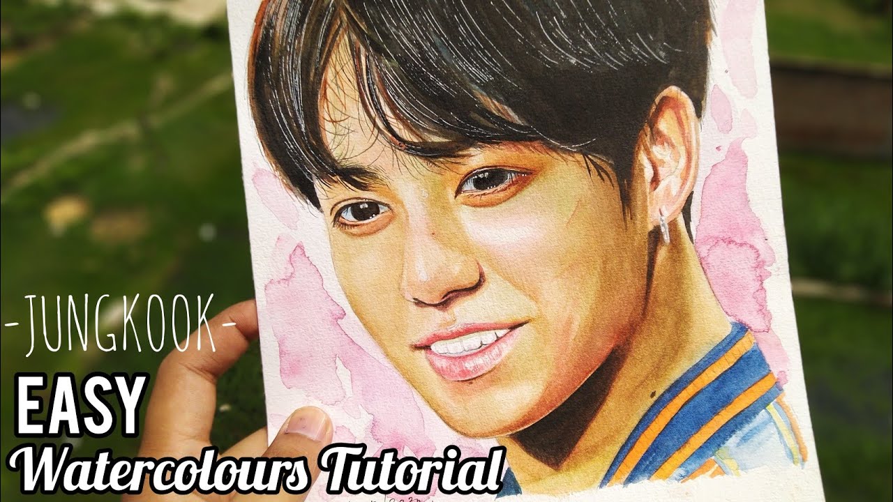 BTS JUNGKOOK || EASY WATERCOLOURS PAINTING TUTORIAL for BEGINNERS - YouTube