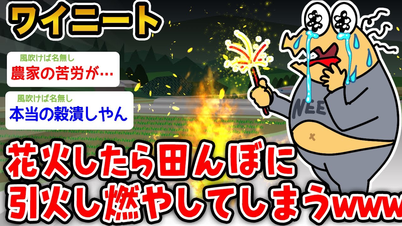 【バカ】ワイニート、花火したら近くの田んぼに引火し燃やしてしまうwwwww【2ch面白いスレ】
