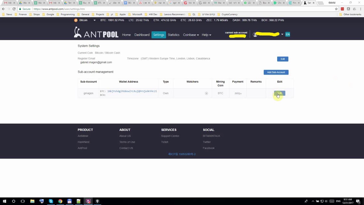Antpool Set Wallet Of Btc Bch And Select Mining Coin Youtube