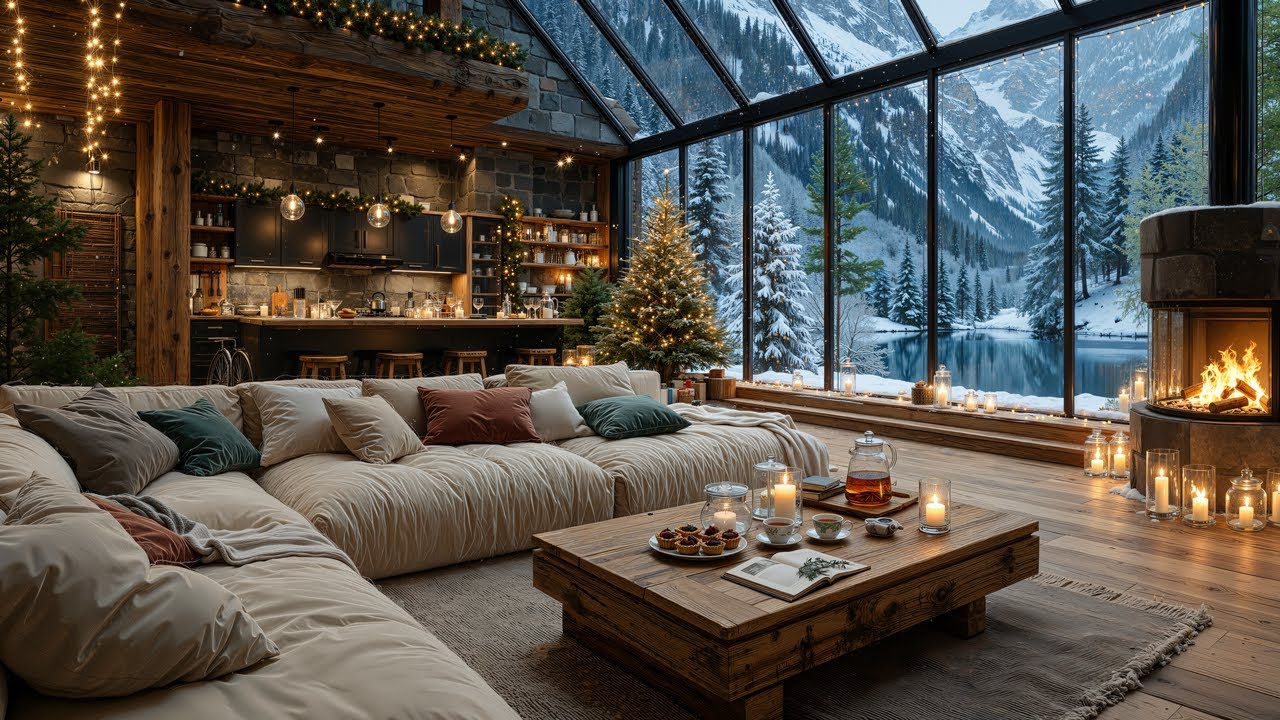 Winter Night Jazz Music | Cozy Fireplace Ambience With Snowy Forest For Relaxing And Focusing