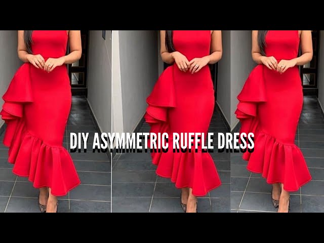 DIY ASYMMETRIC RUFFLE DRESS WITH CRINOLINE| HOW TO SEW AN ASYMMETRIC  NECKLINE with one sleeve
