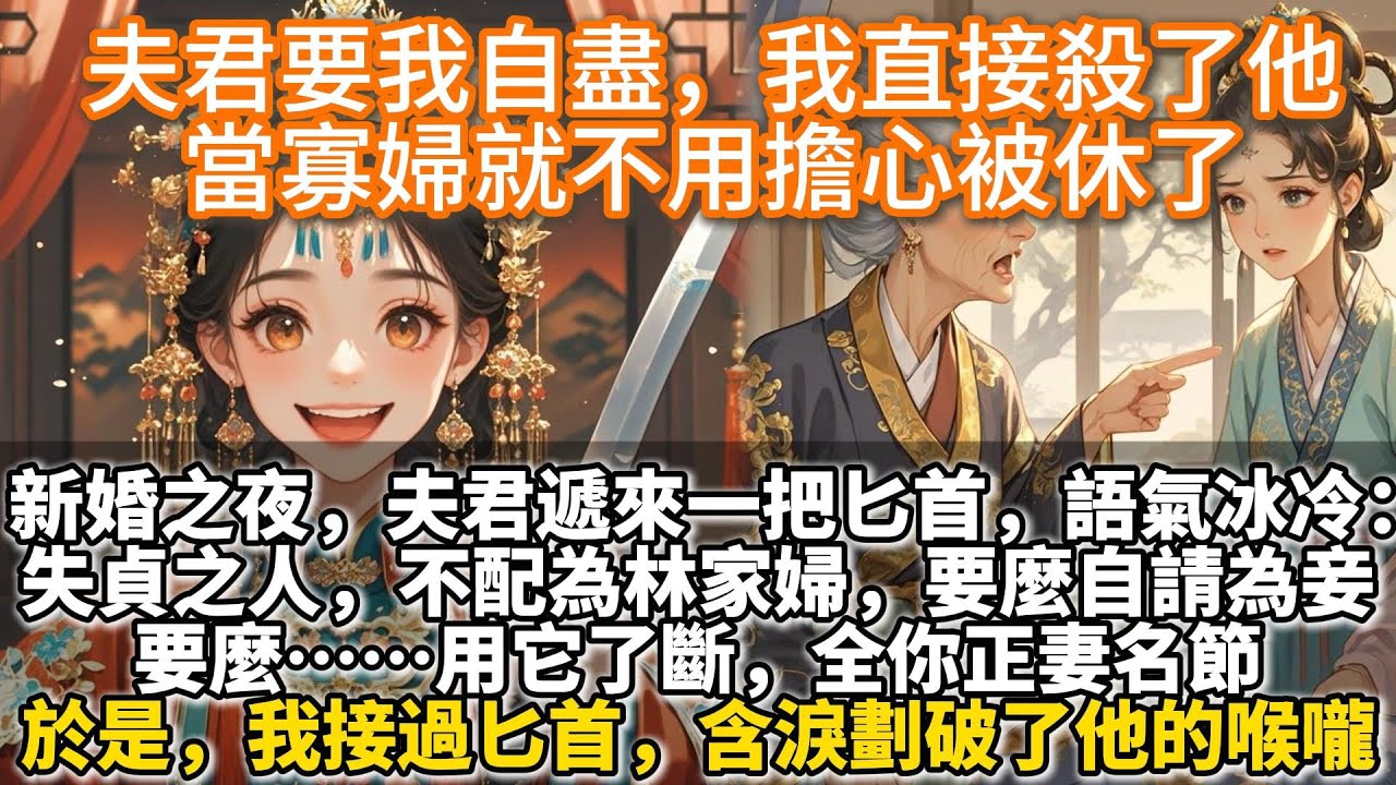 完結爽文：我在新婚夜殺了夫君，這下好了，當寡婦就不用擔心被休了。新婚之夜。夫君遞來一把匕首，語氣冰冷失：貞之人，不配爲林家婦。要麼自請爲妾，要麼…用它了斷，全你正妻名節。於是，我接過匕首劃破了他的喉嚨