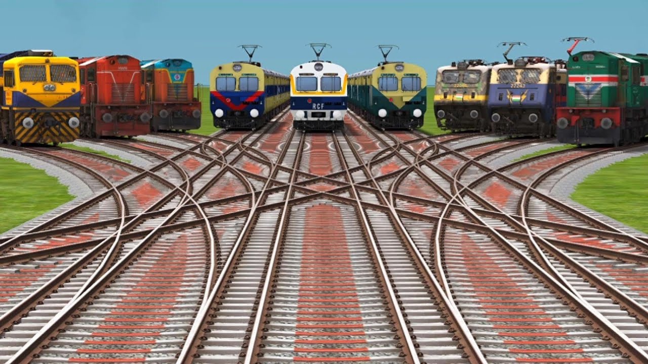9 Trains Crossings On Bumpy Branched Railroad || 3d Gameplay Railgadi Bye Daimond Tracks ♐