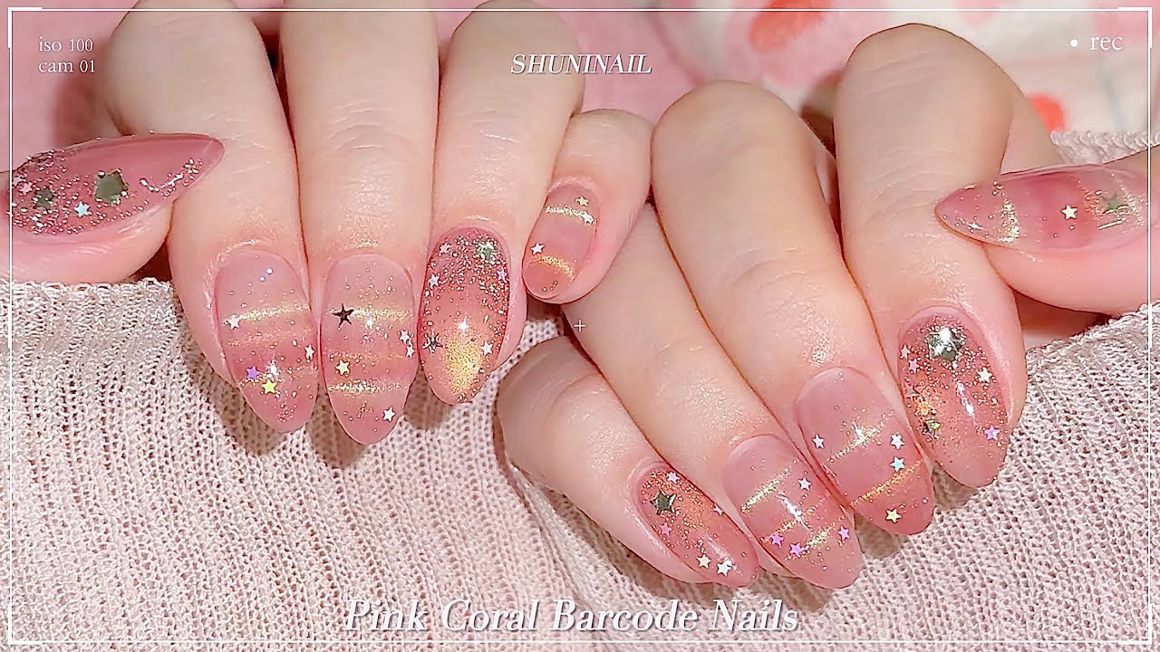 sub) Коралловые ногти со штрих-кодом!💖✨/🇰🇷Корейский маникюр / Урок по маникюру / asmr