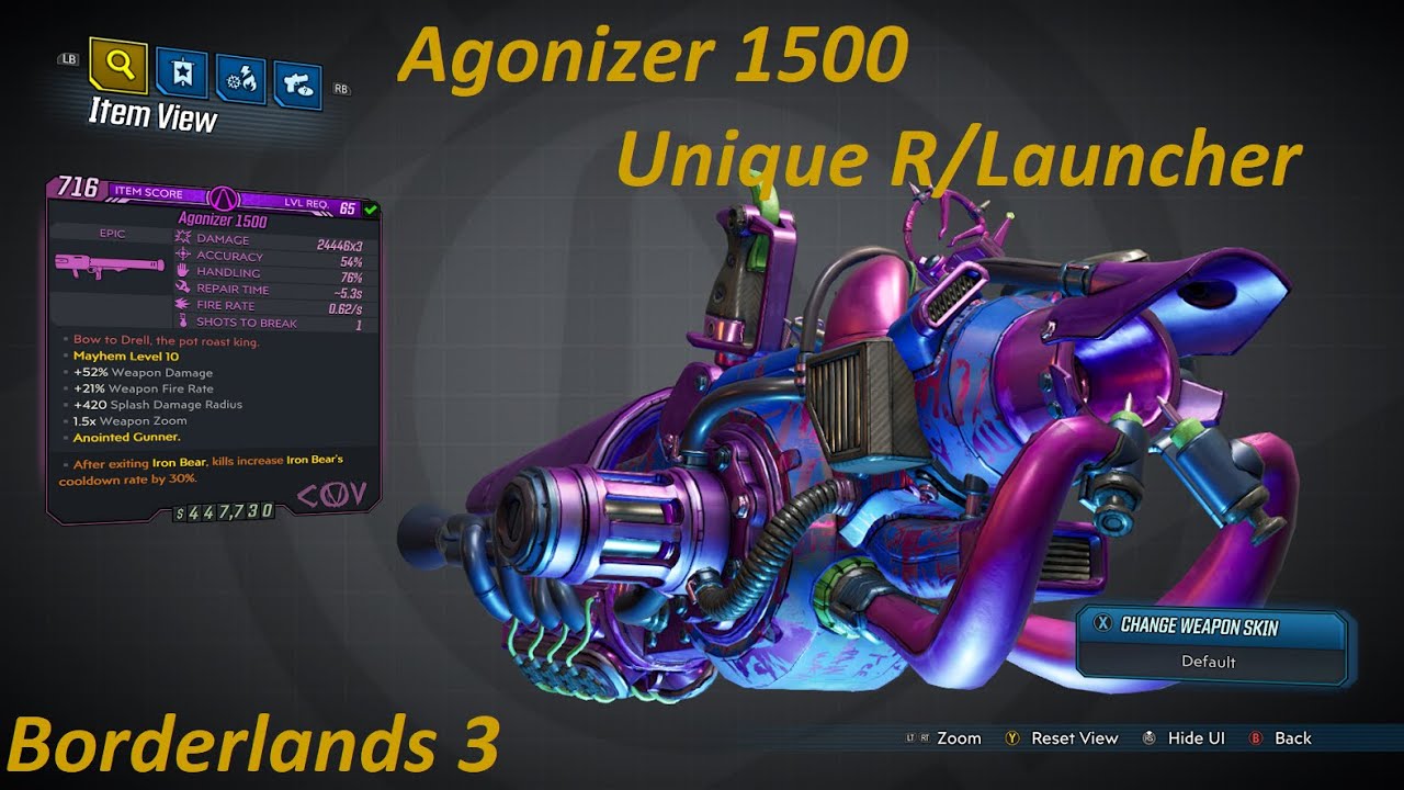 Borderlands 3: Agonizer 1500 Unique rocket launcher. Red Text- Bow to Drell, the pot roast king..