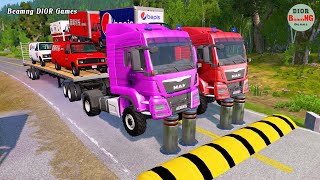 Double Flatbed Trailer Truck vs speed bumps|Busses vs speed bumps|Beamng Drive|209