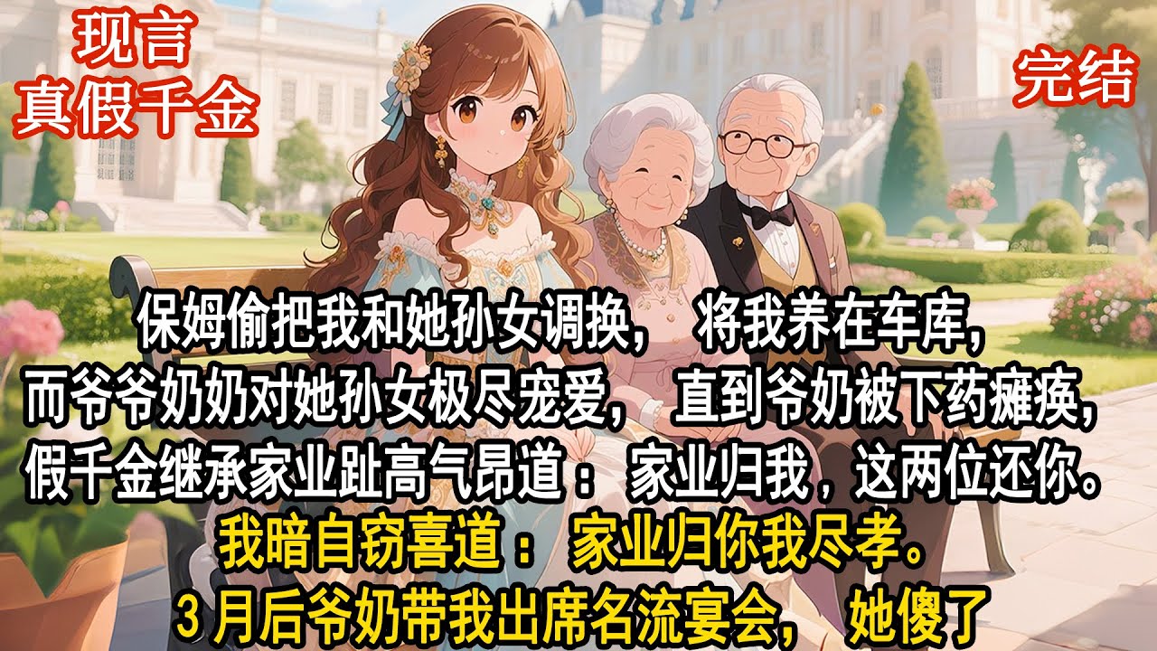 保姆偷把我和她孫女調換，將我養在車庫，而爺爺奶奶對她孫女極盡寵愛，直到爺奶被下藥癱瘓，假千金繼承家業趾高氣昂道：家業歸我,這兩位還你。我暗自竊喜道：家業歸你我盡孝。3月後爺奶帶我出席名流宴會，她傻了