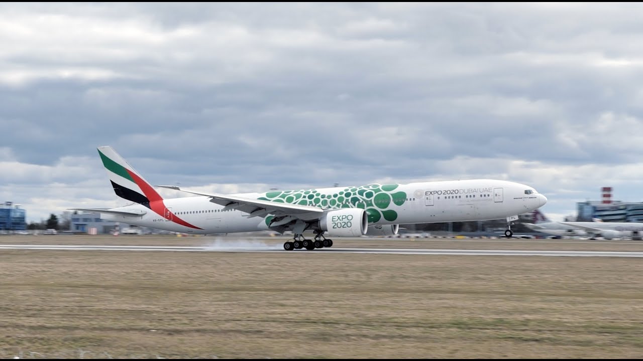 Emirates Boeing 777-300ER 2020 EXPO Green livery smooth crosswind landing at Prague Airport