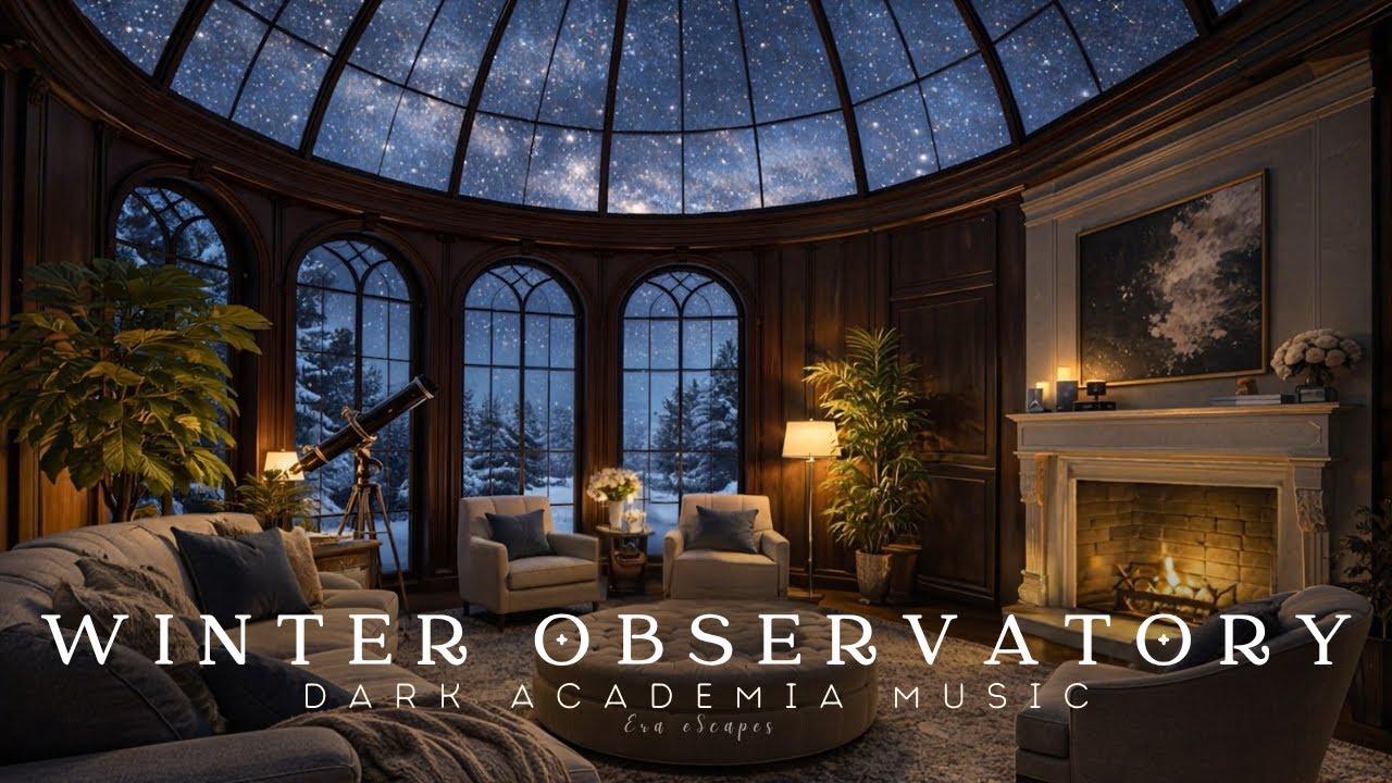 Starry Winter Observatory | Dark Academia Piano Music & Cozy Fireplace for Reading, Study & Sleep