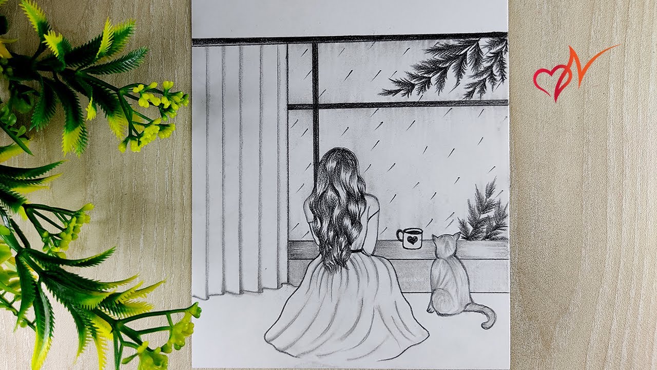 Alone Girl Sitting With Pet Cat Sketch Girl Watching Rain Through The Window Scenery Drawing Youtube