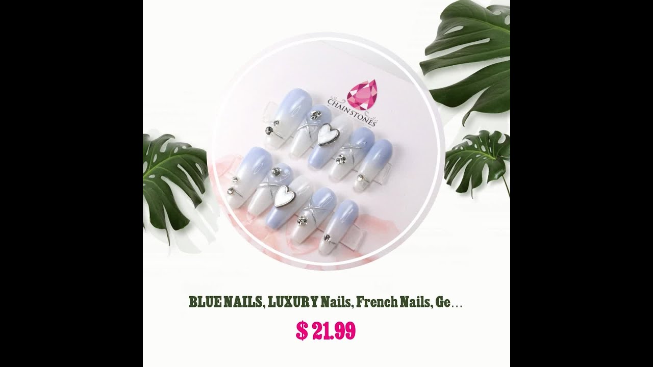 BLUE NAILS, LUXURY Nails, French Nails, Gel Nails Handmade Blue Luxury Press-On Nails - Perfect f...