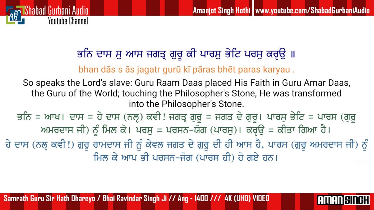 Samrath Guru Sir Hath Dhareyo / Bhai Ravindar Singh Ji / Punjabi , English Lyrics & Meaning / 4k