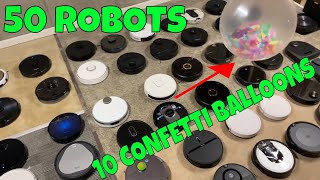 50 Robot Vacuums VS 10 Confetti Filled Balloons + Drone? FUN  Kid Friendly