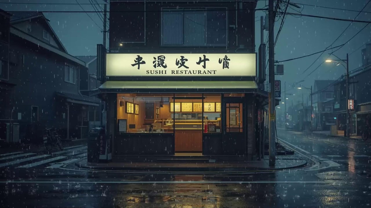 Rainy Japanese Street Café 🍵🌧️ Sushi Bar Lofi for Work, Study & Relax