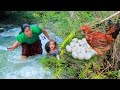 Mother and child - Found Chicken egg at river - Cooking Chicken egg and  Eating delicious HD