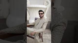 Fahad Mustafa Latest Shoot For Designer Gold Groom Hand Embellished Nikah Sherwani Wedding Jacket