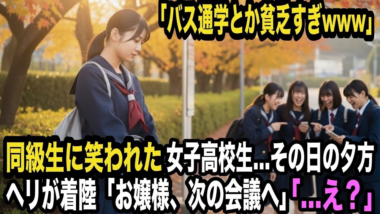 「バス通学とか貧乏すぎwww」同級生に笑われた女子高校生…その日の夕方、ヘリが校庭に着陸し「お嬢様、次の会議へ」同級生「…え？」