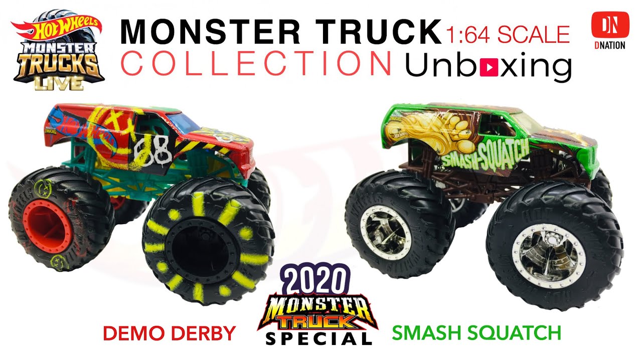 Hot Wheels Demo Derby & Smash Squatch 2020 Giant Wheels Diecast Monster Trucks - Dnation