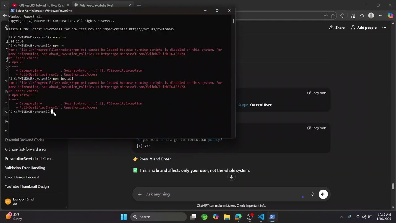 How to Fix npm run dev Error in Windows | PowerShell Execution Policy (2026)