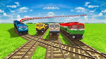 Four Indian Trains Crossing on BRANCHED FORKED RAILROAD-CROSSING on BUMPY  DIAMOND RAILROAD TRACKS