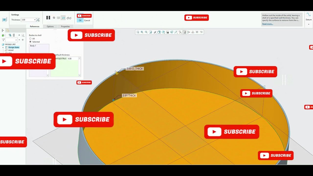 Creo parametric shell with non default thickness ll Creo parametric