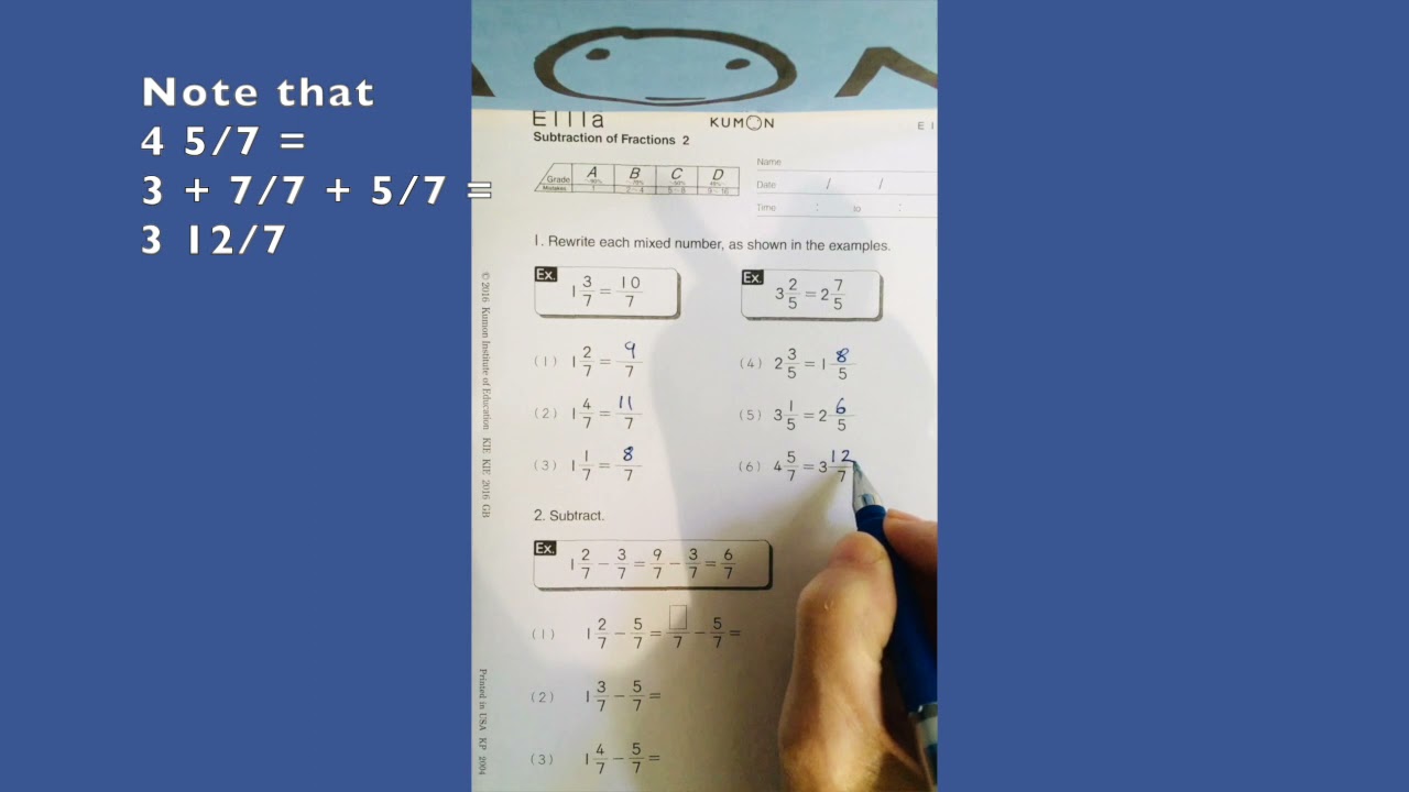 Kumon Maths Level E - Converting Mixed Numbers And Fractions - Kumon Maths E111A - Youtube