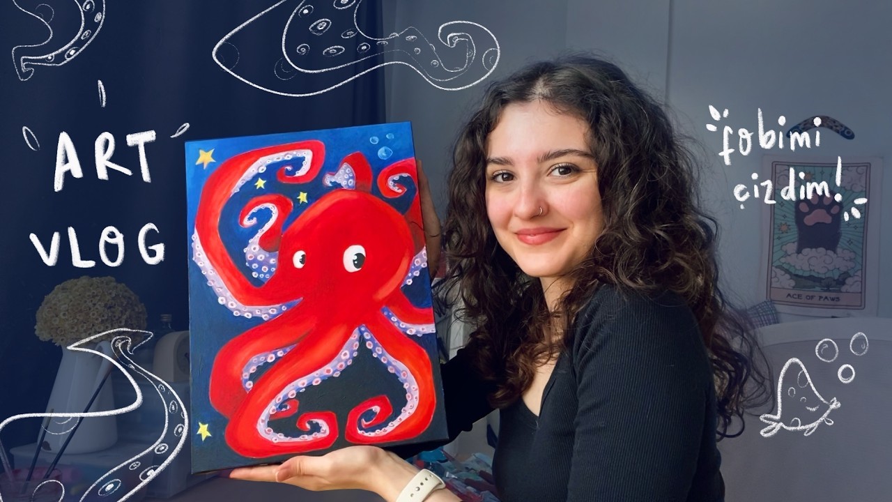 Beraber tuval yapıyoruz | Hem de en büyük fobimi çiziyorum! 🐙 art vlog