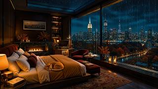 Rainy Night Jazz in New York 🌧️ Cozy Bedroom & Fireplace 🎹 Piano & Sax with Rain for Deep Sleep