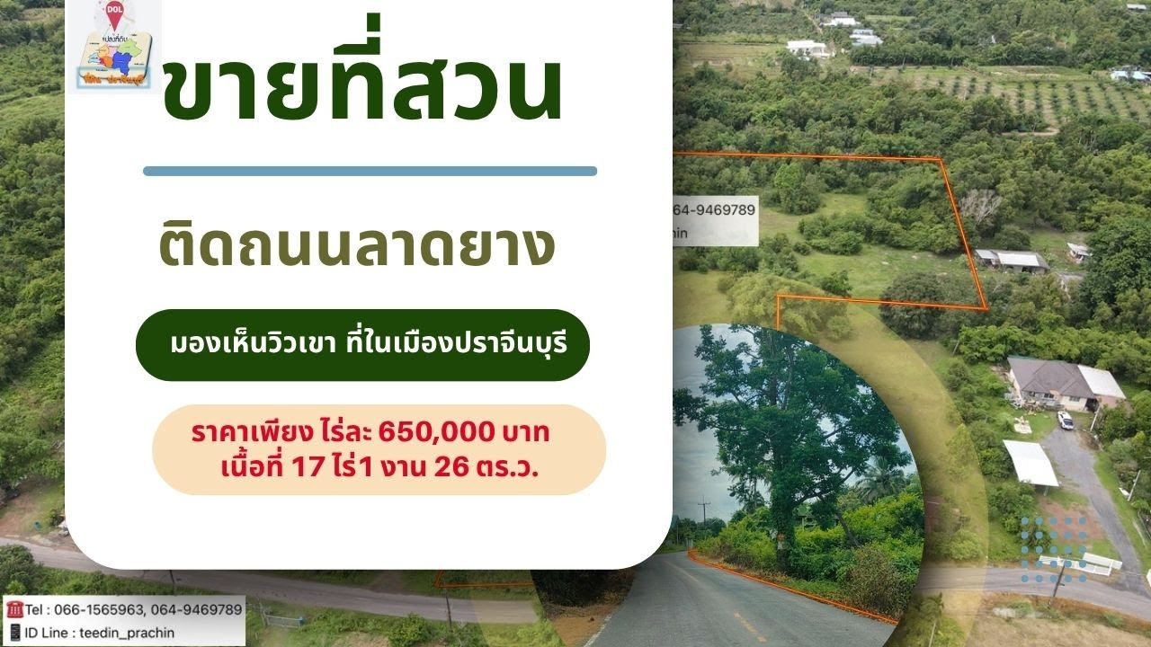 ขายที่สวน ติดถนนลาดยาง ที่ในเมืองปราจีนบุรี ราคาเพียงไร่ละ 650,000 บาทที่ถมดินแล้ว มองเห็นวิวเขา