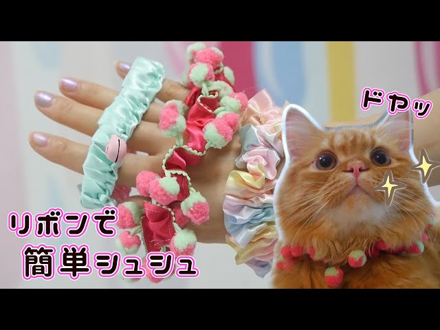 【DIY】猫用シュシュ首輪♡リボンで作る可愛いシュシュ【 こうじょうちょー  】