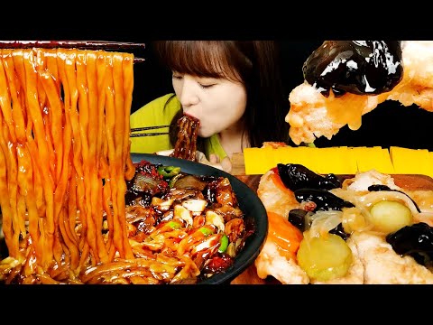 ASMR (COOKING & EATING) HOMEMADE BLACK BEAN NOODLES, SWEET AND SOUR PORK *TANGSUYUK. MUKBANG